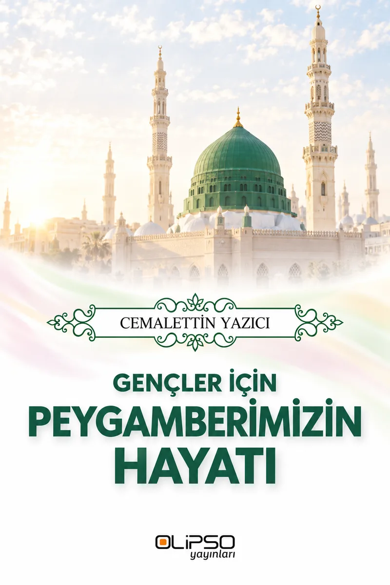 Gençler İçin Peygamberimizin Hayatı kitap kapağı: sabah ışığında Mescid-i Nebevi’nin yeşil kubbesi ve minareleri.