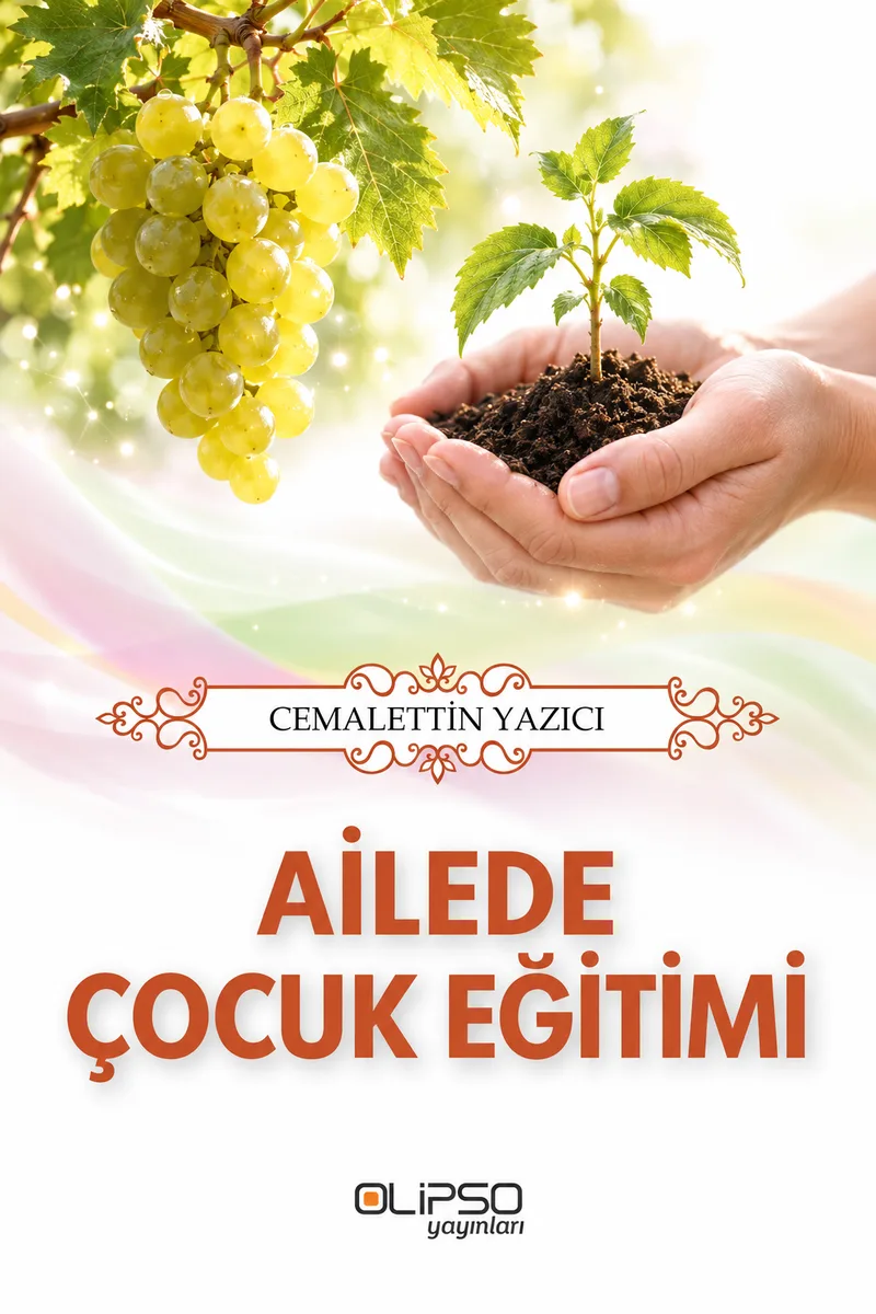 Ailede Çocuk Eğitimi kitap kapağı: üzüm salkımı ve avuçlar içinde toprakta filizlenen bir fidan.