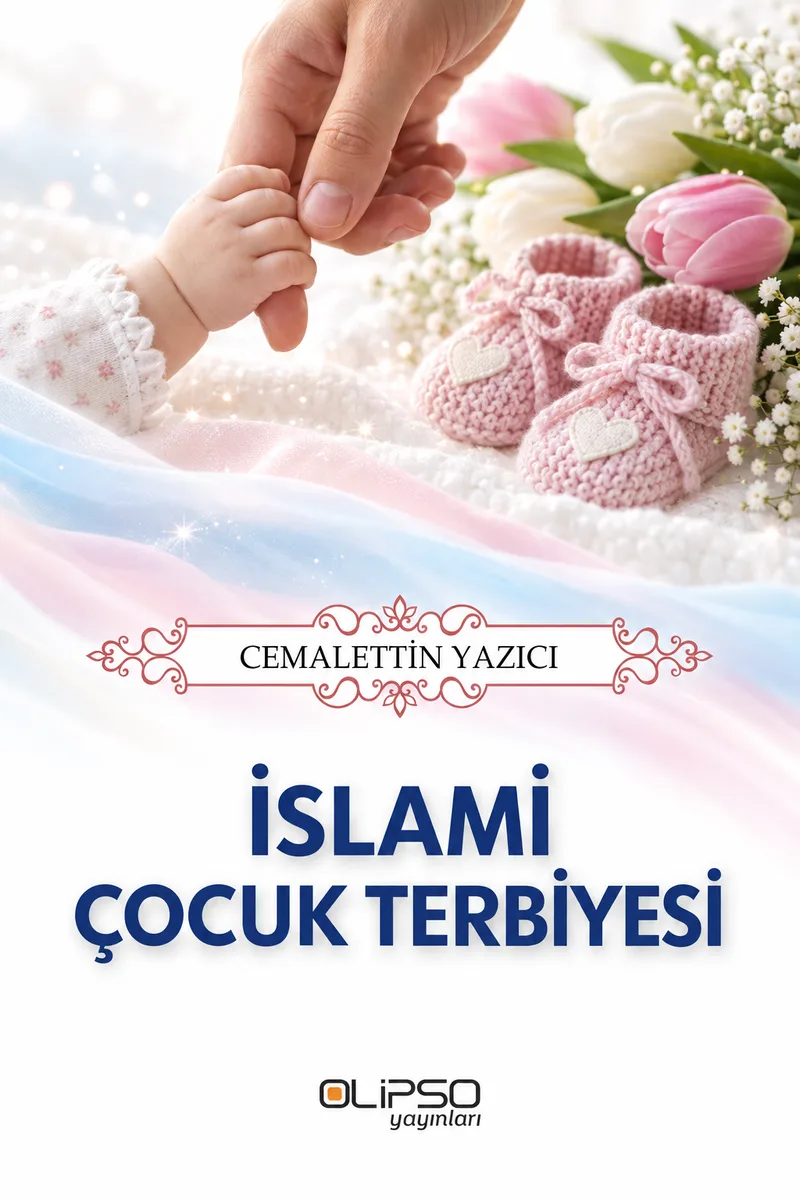 İslami Çocuk Terbiyesi kitap kapağı: bir bebeğin elinin yetişkin parmağını tutması, örgü bebek patikleri ve laleler.