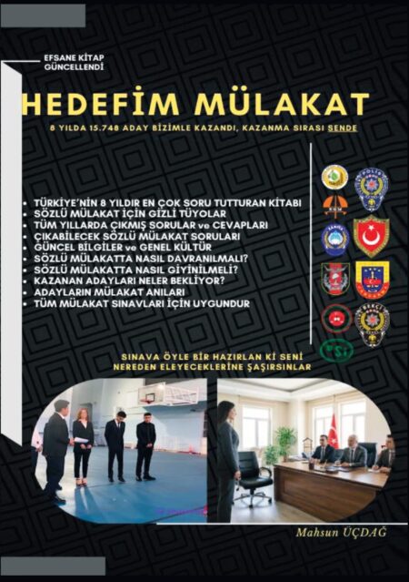 Mahsun Üçdağ - Hedefim Mülakat kitap kapağı, sözlü mülakat hazırlık rehberi ve polis/askerlik sınavı logolu tasarım.