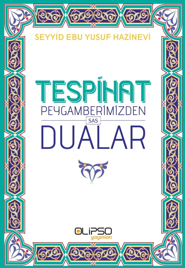 Tespihat ve Peygamberimizden Dualar kitap kapağı, turkuaz ve lacivert geleneksel motifli çerçeve tasarımı.