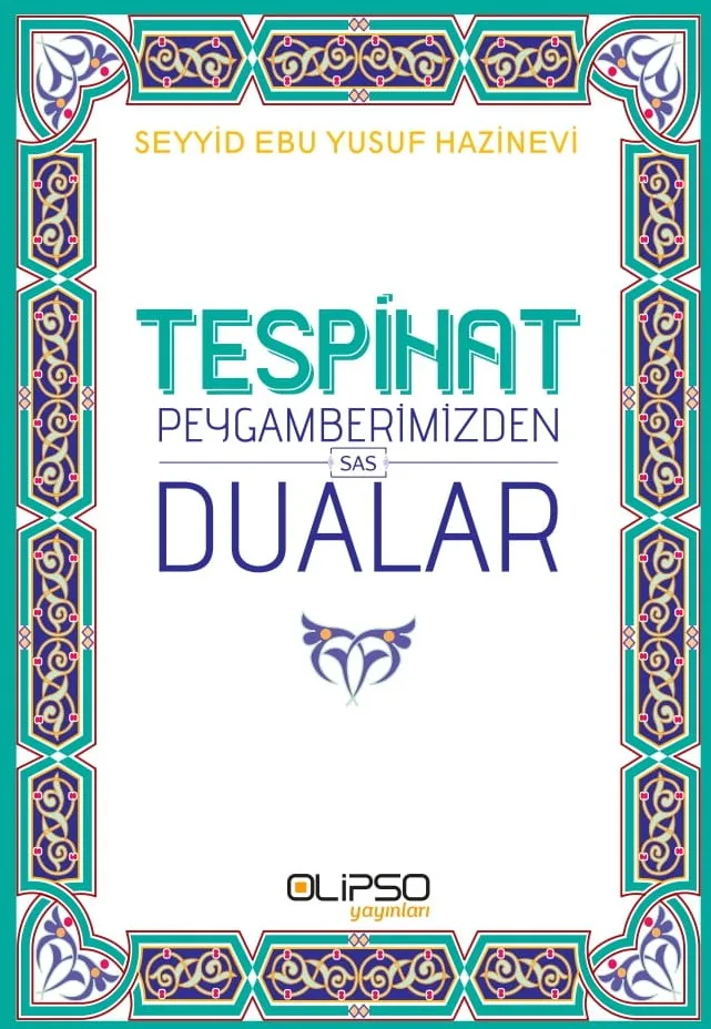 Tespihat ve Peygamberimizden Dualar kitap kapağı, turkuaz ve lacivert geleneksel motifli çerçeve tasarımı.