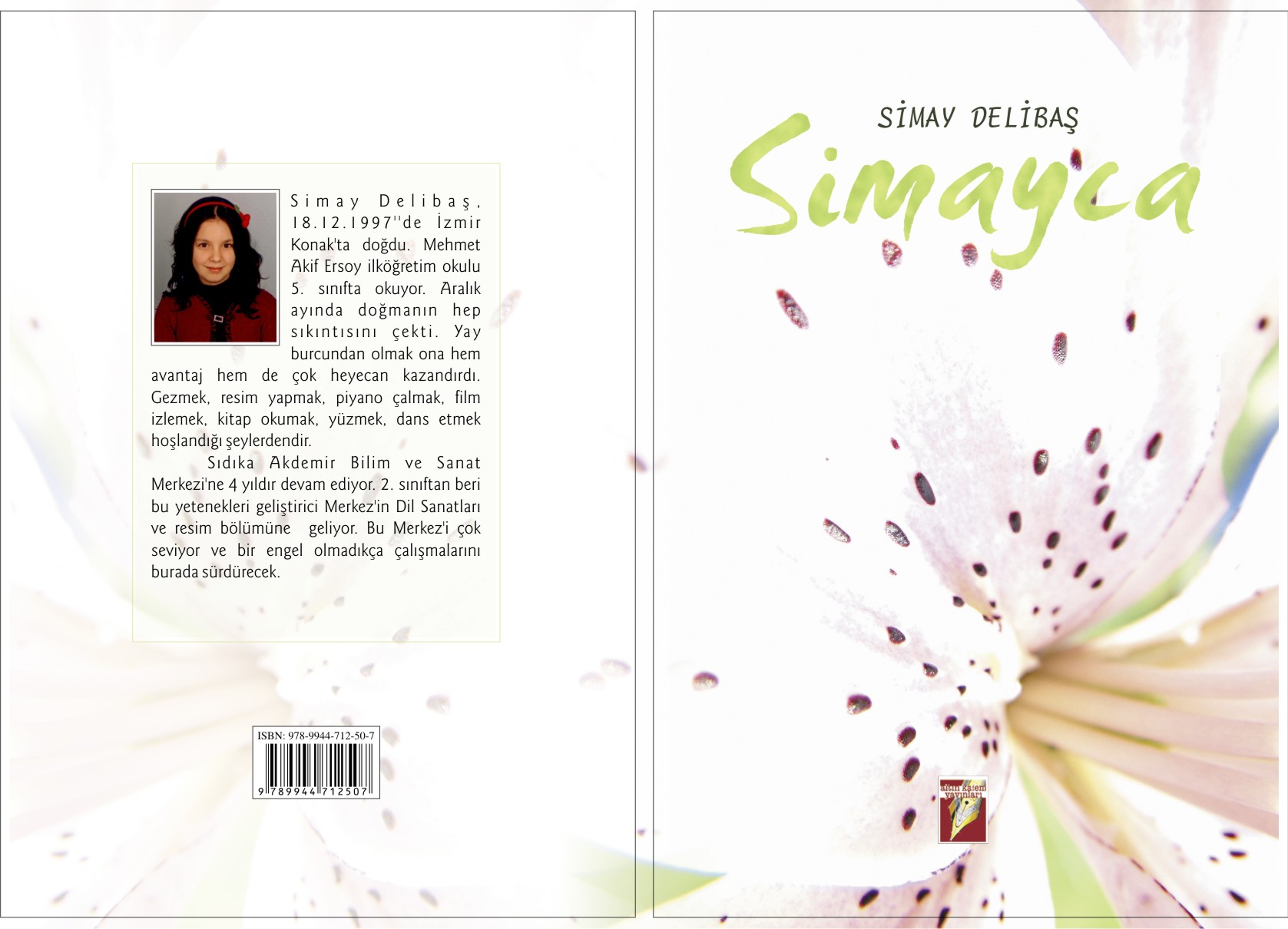 Simay Delibaş - Simayca kitap kapağı, beyaz zambak çiçeği temalı estetik ve zarif tasarım.