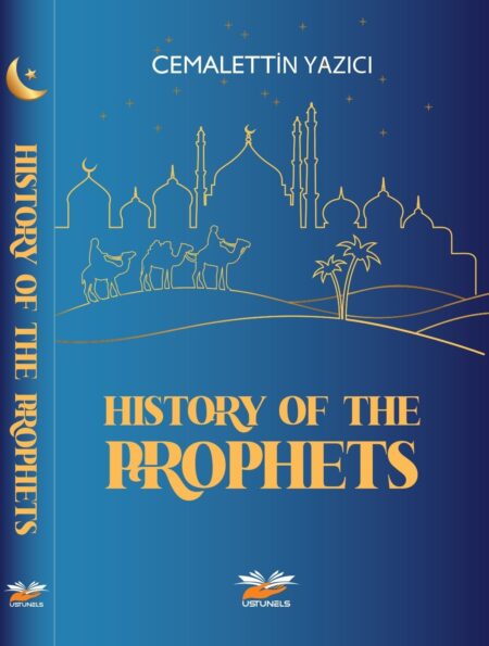 Cemalettin Yazıcı - History of the Prophets book cover, blue and gold Islamic illustration with mosque and camels.